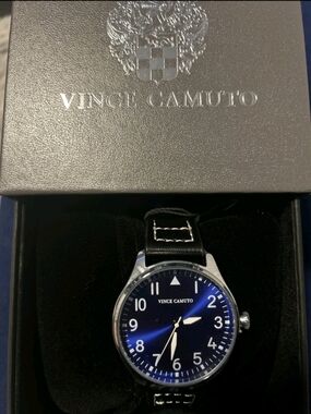 Men's Vince Camuto Aldo Blue Dial Black Leather Strap Watch NIB NWT